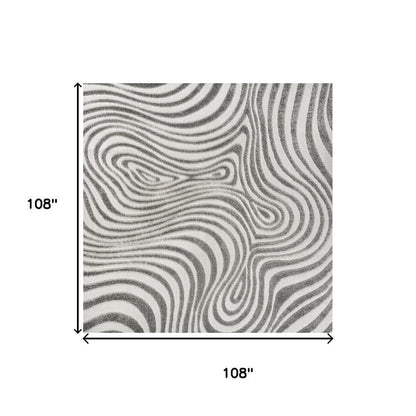 9' Gray And Ivory Square Abstract Indoor Outdoor Area Rug