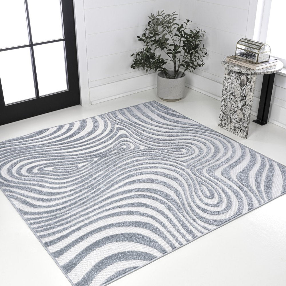 5' Light Blue And Ivory Square Abstract Indoor Outdoor Area Rug