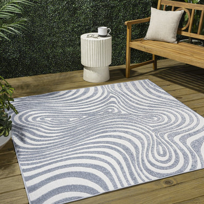 5' Light Blue And Ivory Square Abstract Indoor Outdoor Area Rug