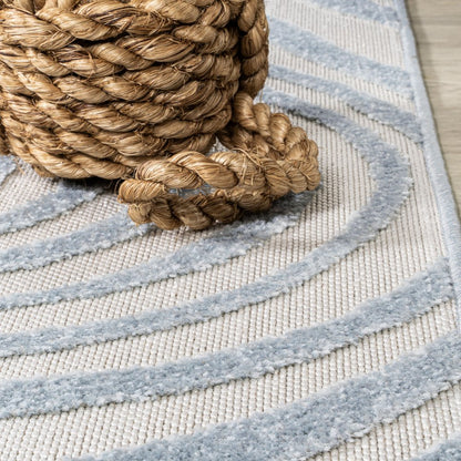 7' Light Blue And Ivory Square Abstract Indoor Outdoor Area Rug