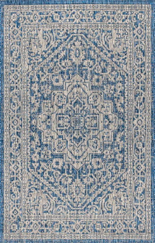 10' X 14' Navy Blue And Gray Medallion Indoor Outdoor Area Rug