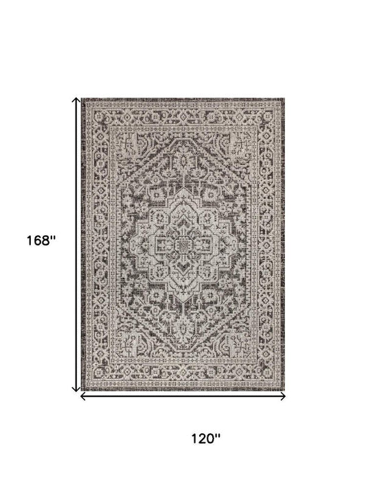 10' X 14' Gray And Black Medallion Indoor Outdoor Area Rug