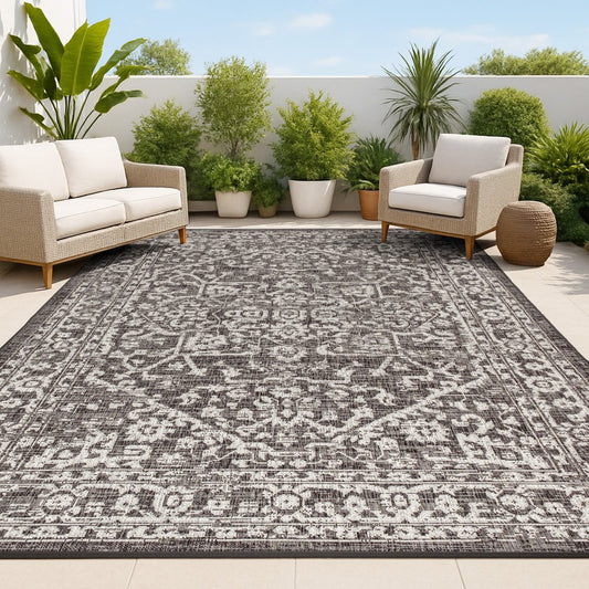 9' X 12' Black And Gray Medallion Indoor Outdoor Area Rug