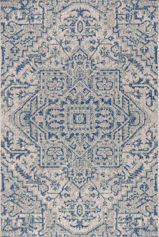10' X 14' Navy Blue And Gray Medallion Indoor Outdoor Area Rug