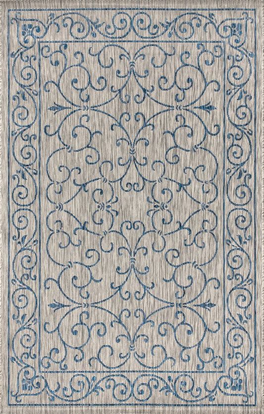 10' X 14' Gray And Navy Blue Medallion Indoor Outdoor Area Rug