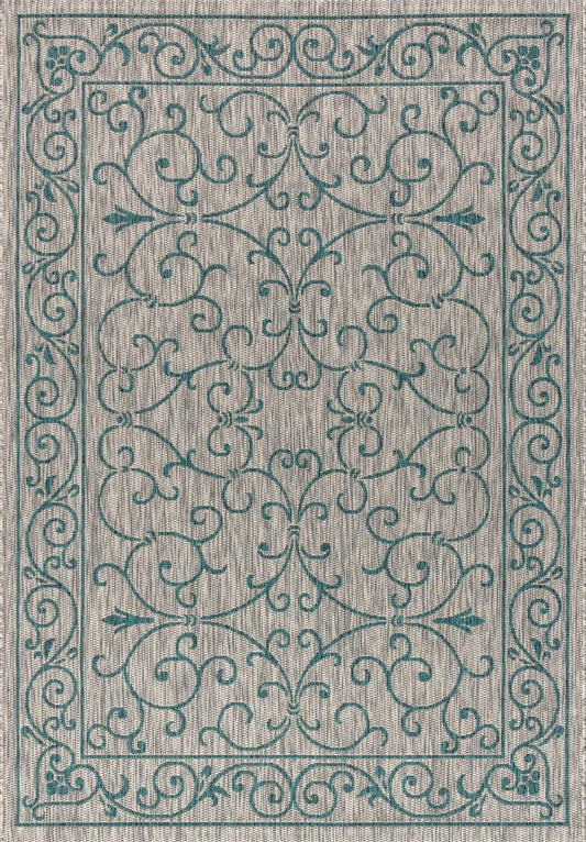 10' X 14' Gray And Teal Blue Medallion Indoor Outdoor Area Rug