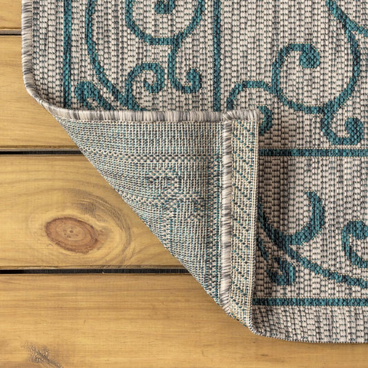 10' X 14' Gray And Teal Blue Medallion Indoor Outdoor Area Rug