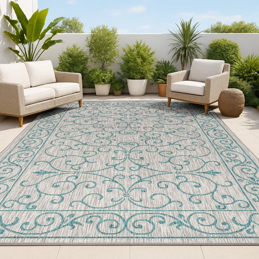 9' X 12' Gray And Teal Blue Medallion Indoor Outdoor Area Rug