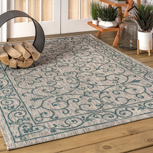 9' X 12' Gray And Teal Blue Medallion Indoor Outdoor Area Rug