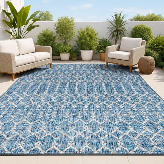 10' X 14' Navy Blue And Light Gray Trellis Indoor Outdoor Area Rug