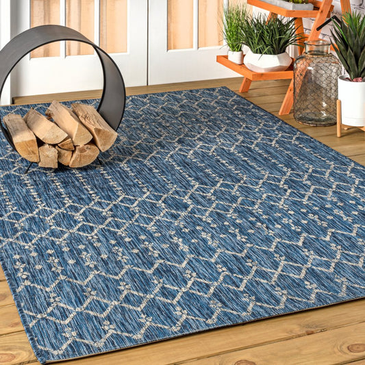 10' X 14' Navy Blue And Light Gray Trellis Indoor Outdoor Area Rug