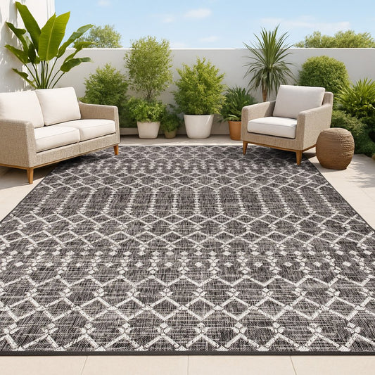 10' X 14' Black And Gray Trellis Indoor Outdoor Area Rug