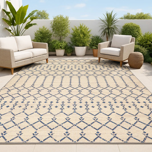 10' X 14' Beige And Navy Blue Trellis Indoor Outdoor Area Rug