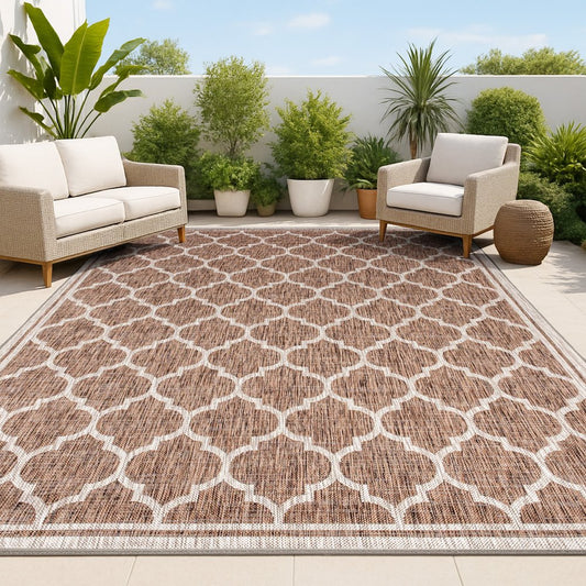 10' X 14' Espresso And Taupe Geometric Indoor Outdoor Area Rug