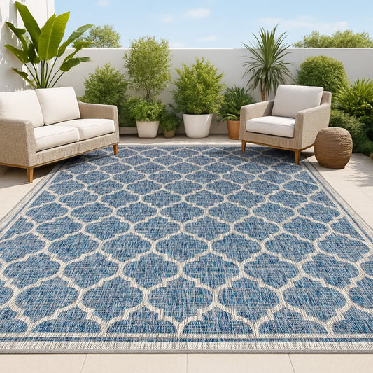 10' X 14' Navy Blue And Gray Geometric Indoor Outdoor Area Rug