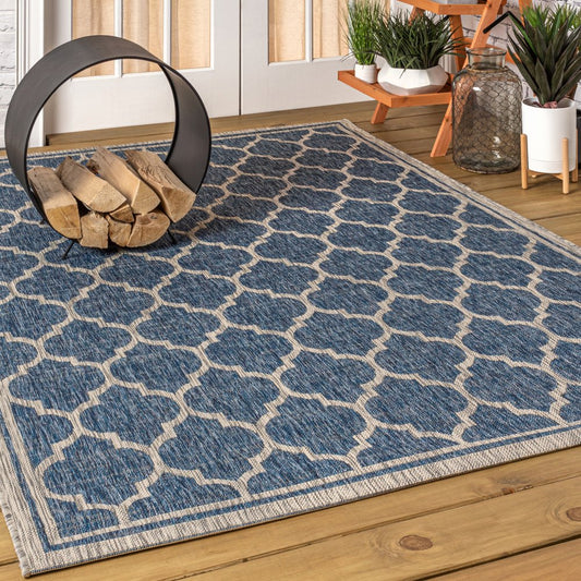 10' X 14' Navy Blue And Gray Geometric Indoor Outdoor Area Rug