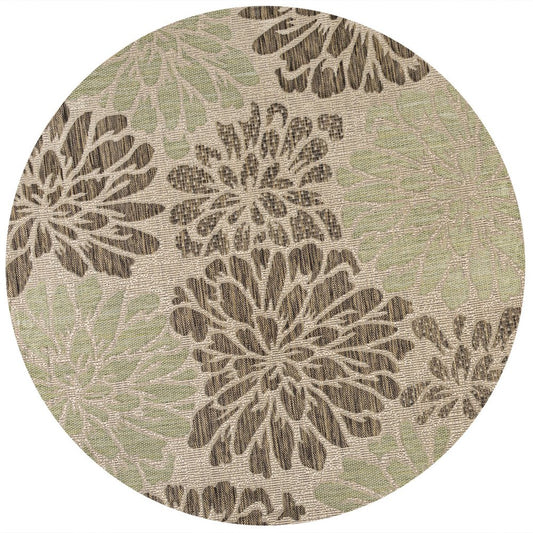 9' Sage And Brown Round Floral Indoor Outdoor Area Rug