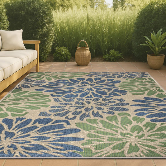 10' X 14' Navy Blue And Green Floral Indoor Outdoor Area Rug