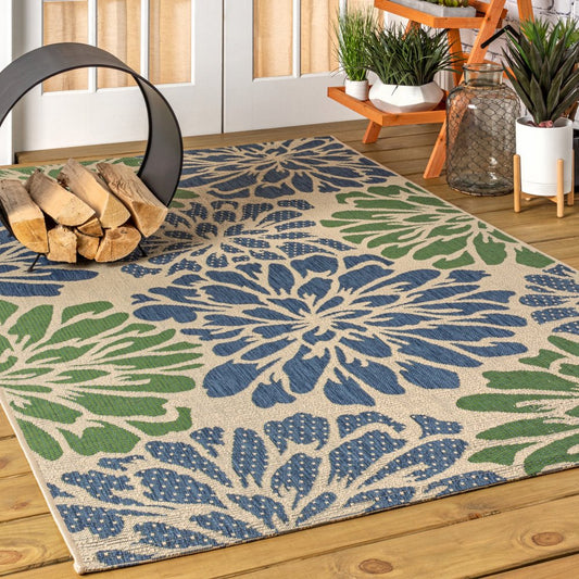 10' X 14' Navy Blue And Green Floral Indoor Outdoor Area Rug