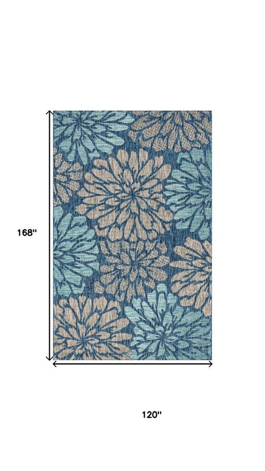 10' X 14' Navy Blue And Aqua Floral Indoor Outdoor Area Rug