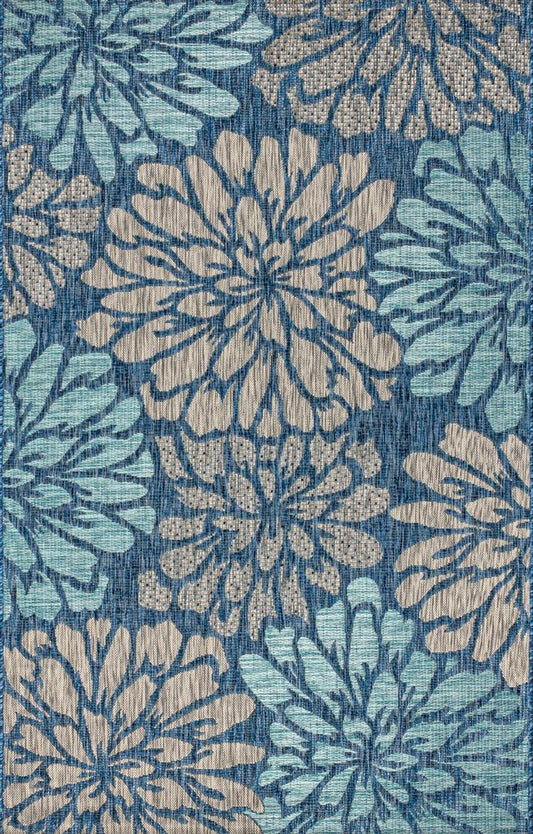 10' X 14' Navy Blue And Aqua Floral Indoor Outdoor Area Rug