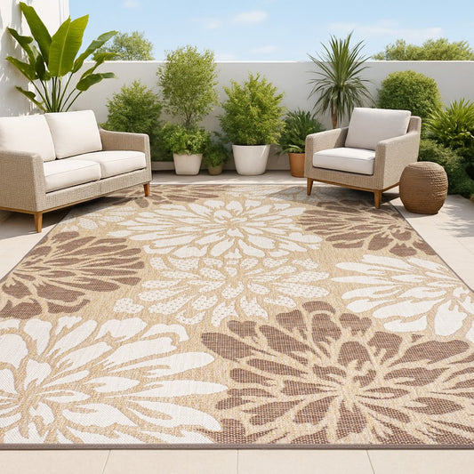 10' X 14' Brown And Cream Floral Indoor Outdoor Area Rug
