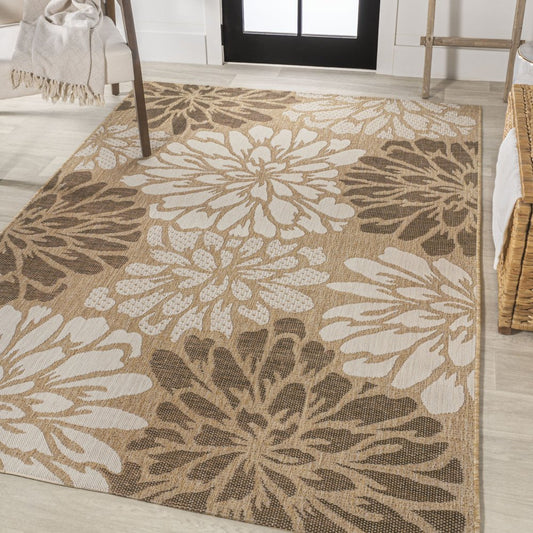 10' X 14' Brown And Cream Floral Indoor Outdoor Area Rug