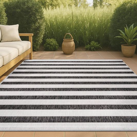 10' X 14' Black And Cream Striped Indoor Outdoor Area Rug