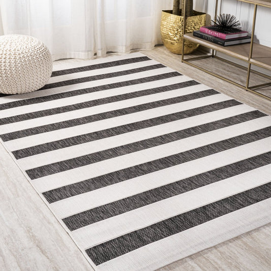 10' X 14' Black And Cream Striped Indoor Outdoor Area Rug