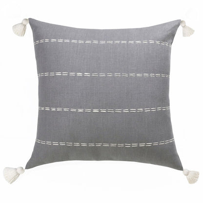 18" Gray And Ivory Striped Linen Throw Pillow Cover with Tassels