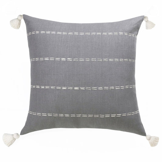 18" Gray And Ivory Striped Linen Throw Pillow Cover with Tassels