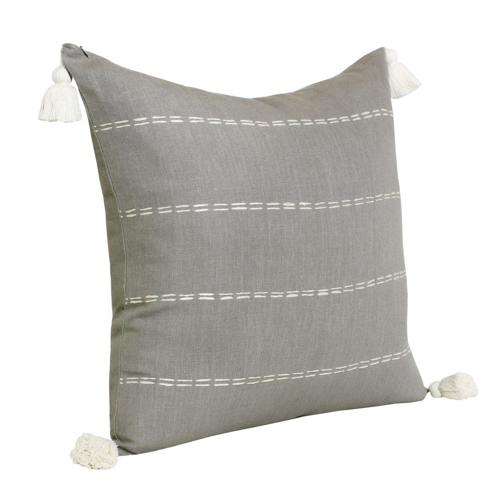 18" Gray And Ivory Striped Linen Throw Pillow Cover with Tassels