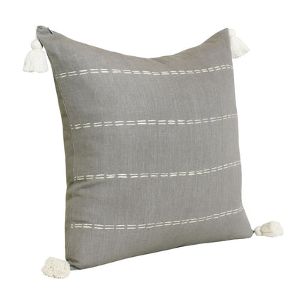 18" Gray And Ivory Striped Linen Throw Pillow Cover with Tassels