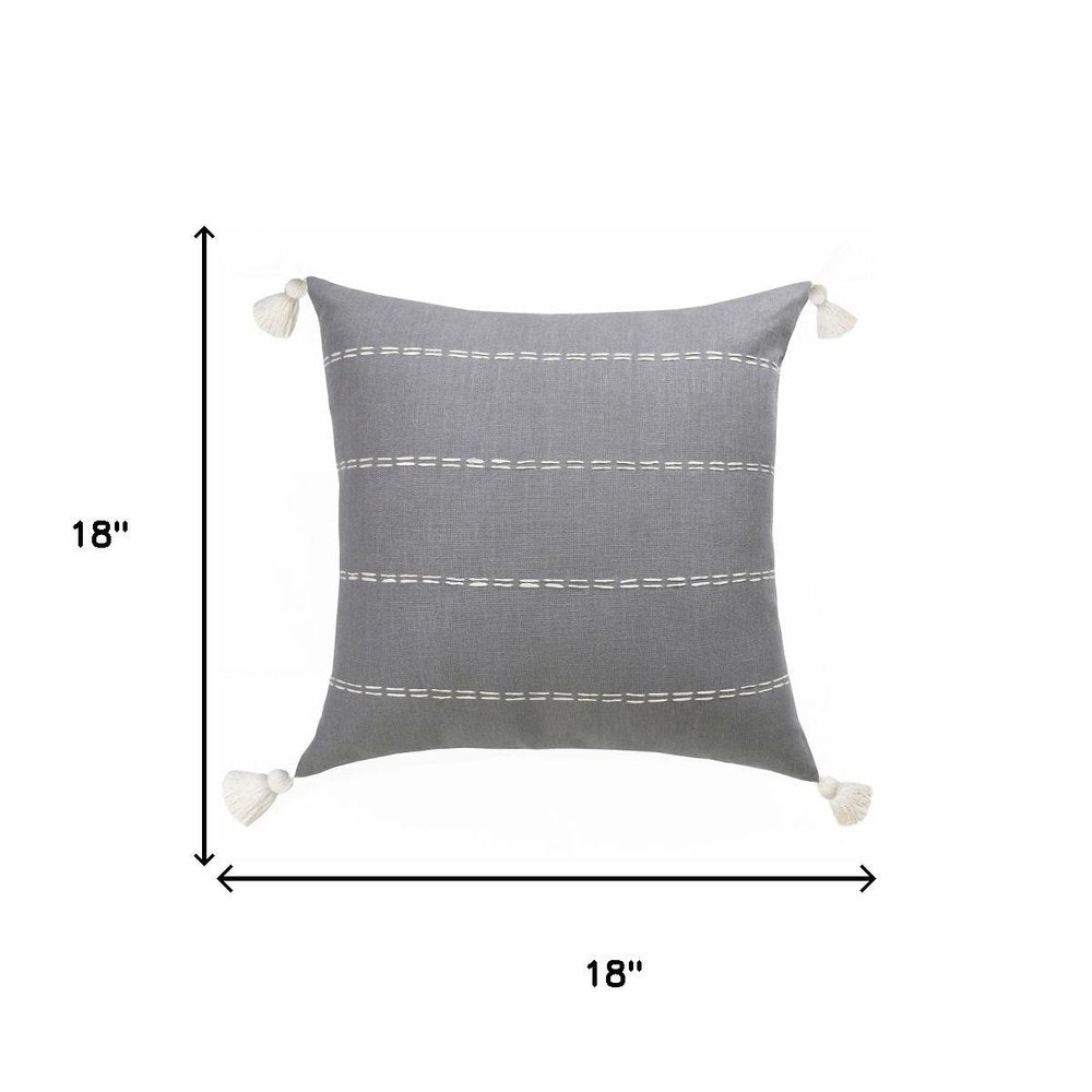 18" Gray And Ivory Striped Linen Throw Pillow Cover with Tassels