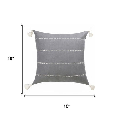 18" Gray And Ivory Striped Linen Throw Pillow Cover with Tassels