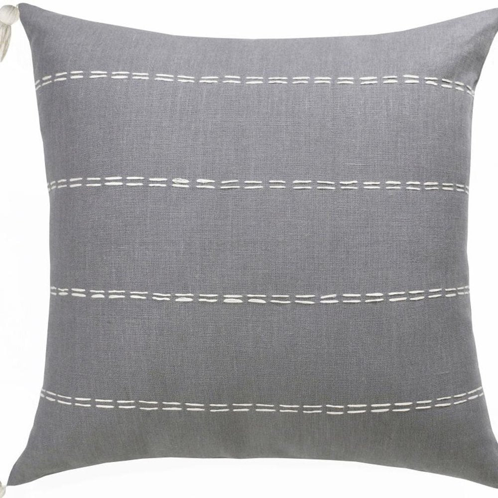 18" Gray And Ivory Striped Linen Throw Pillow Cover with Tassels