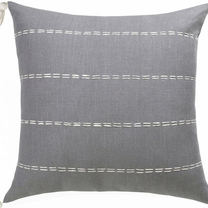 18" Gray And Ivory Striped Linen Throw Pillow Cover with Tassels