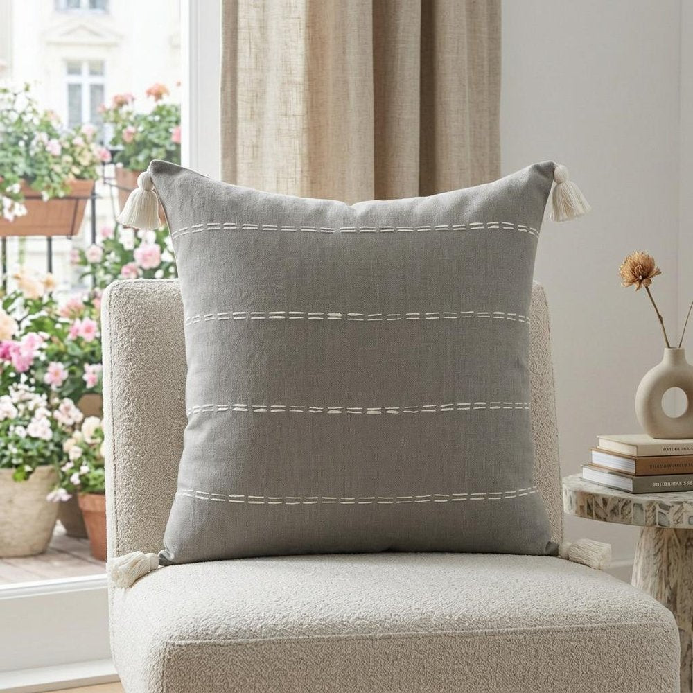 18" Gray And Ivory Striped Linen Throw Pillow Cover with Tassels