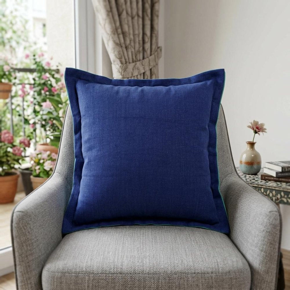 18" Blue And Green Linen Throw Pillow Cover