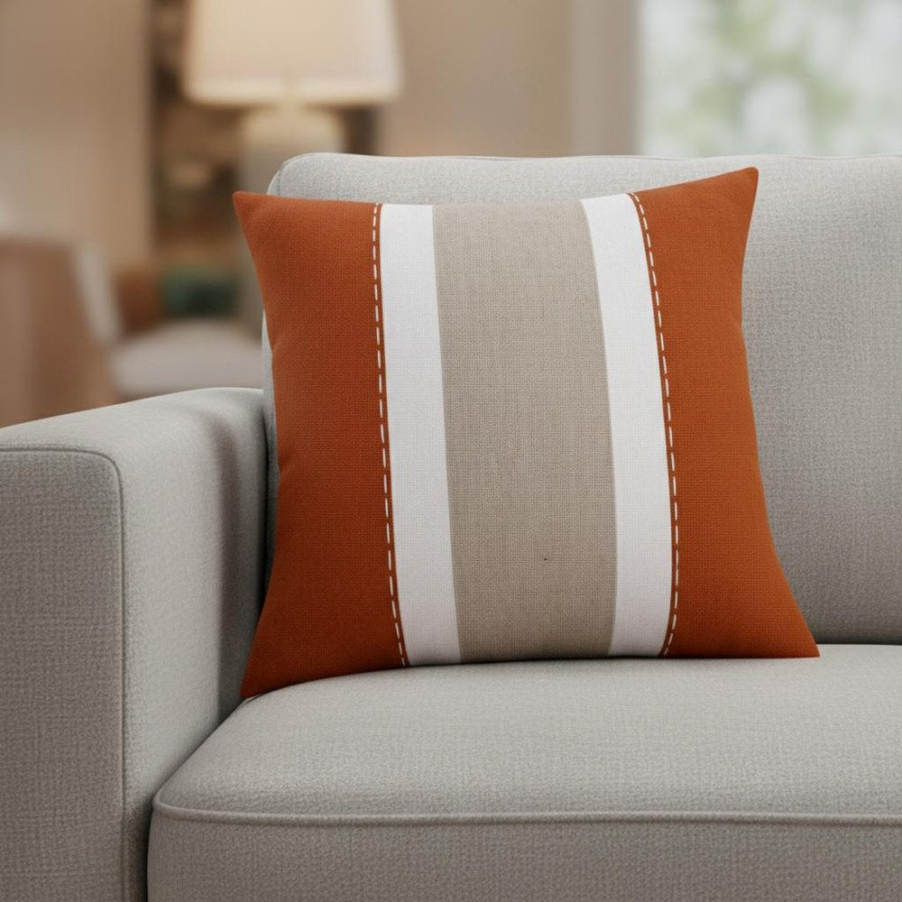 18" Rust And Gray Striped Linen Throw Pillow Cover