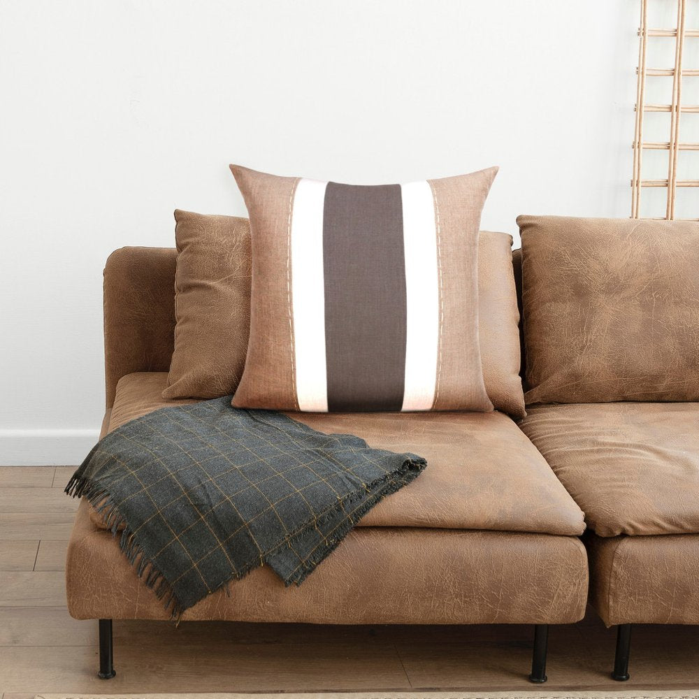 18" Gray And Tan Striped Linen Throw Pillow Cover