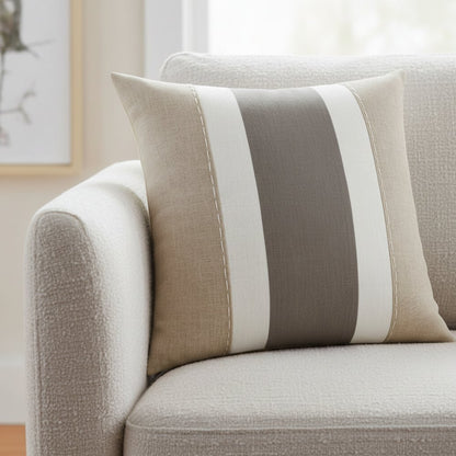 18" Gray And Tan Striped Linen Throw Pillow Cover