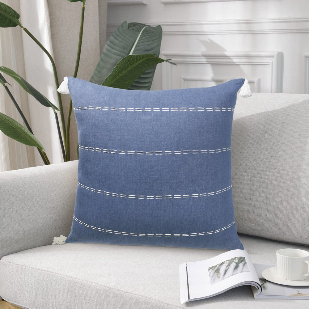20" Navy Blue And Ivory Striped Linen Throw Pillow Cover