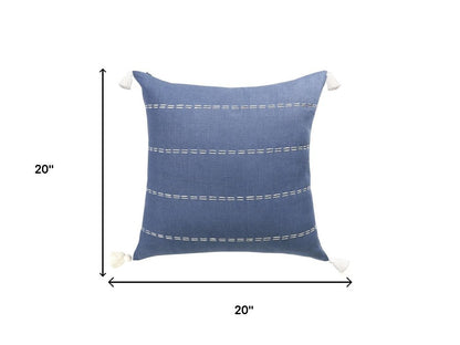 20" Navy Blue And Ivory Striped Linen Throw Pillow Cover