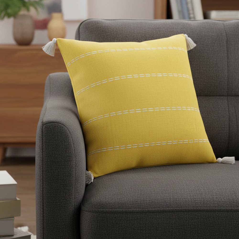 18" Yellow And Ivory Striped Linen Throw Pillow Cover