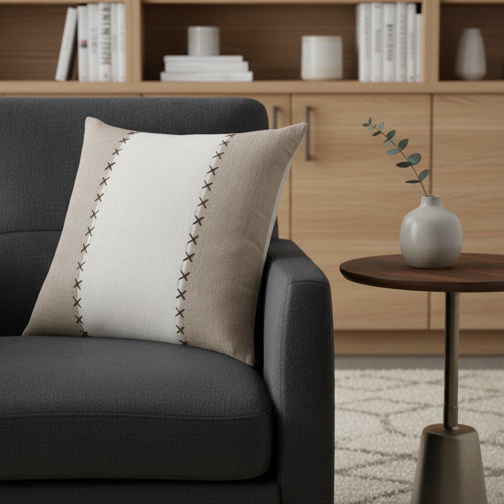 20" Brown And Ivory Striped Linen Throw Pillow Cover