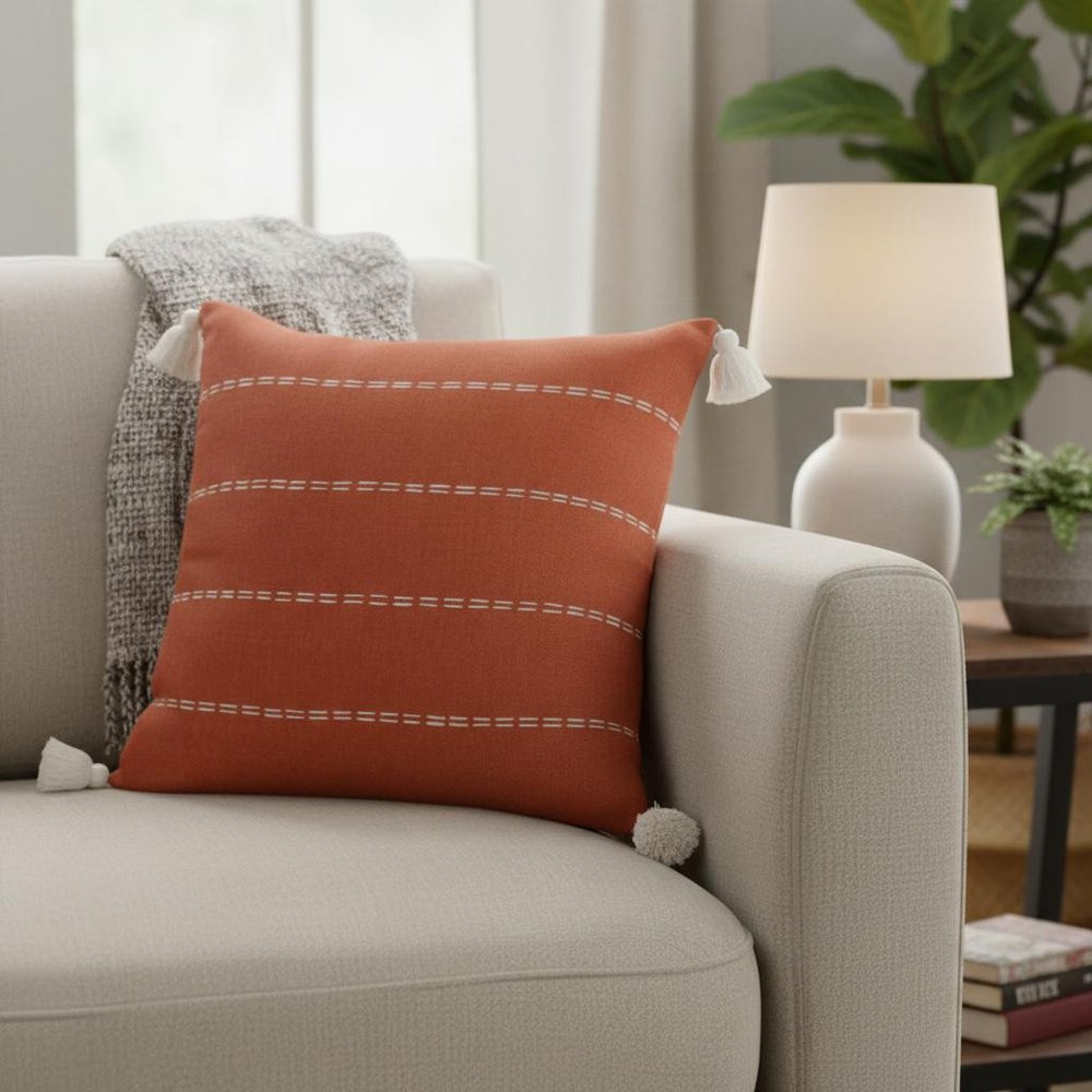 18" Rust And Ivory Striped Linen Throw Pillow Cover