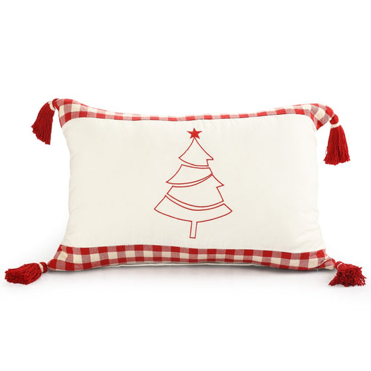 16" X 24" Red And White Lumbar Christmas Christmas Tree Plaid Cotton Throw Pillow Cover