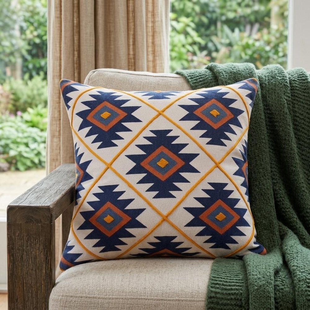 18" Navy Blue And Rust Geometric Cotton Throw Pillow Cover