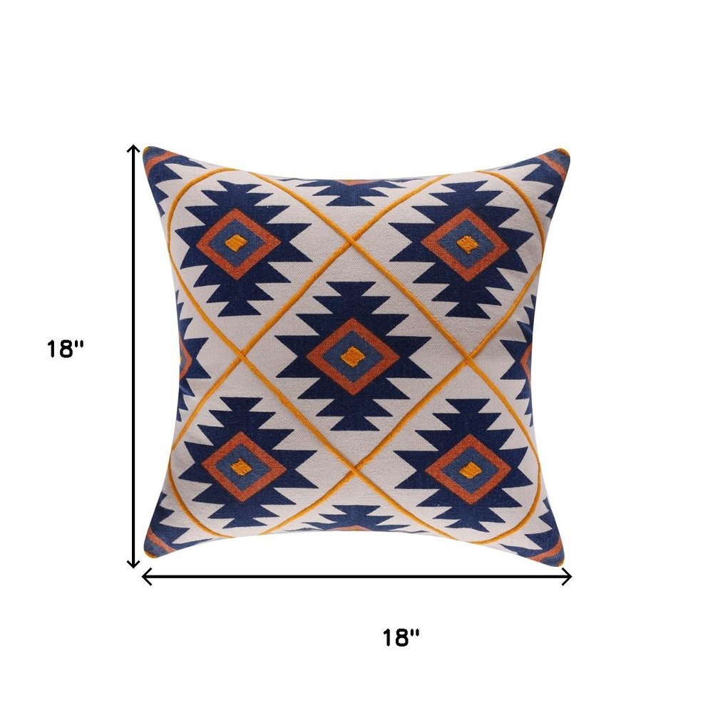 18" Navy Blue And Rust Geometric Cotton Throw Pillow Cover